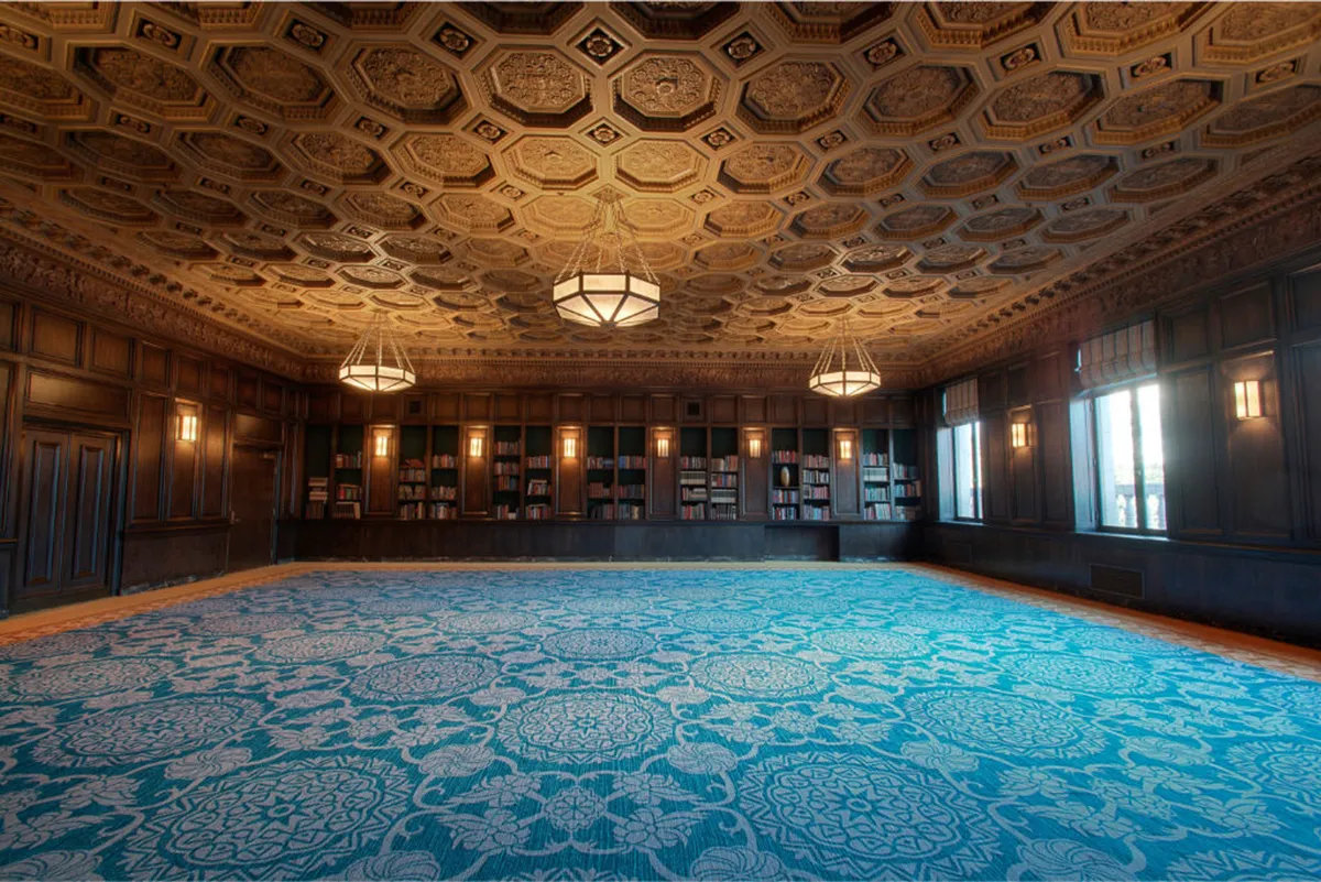 A serene, book-lined lounge features an ornate ceiling, decorative rugs, and warm lighting. Shelves filled with curated books line the walls, while comfortable seating invites quiet reading or inspired conversation. The space has an inviting, intellectual atmosphere ideal for reflection or creativity.